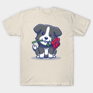 Cute Collie Dog With Red Rose T-Shirt